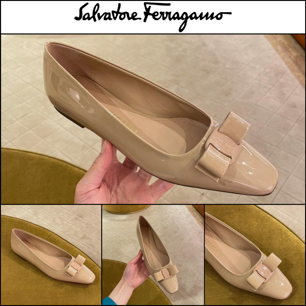 【FERRAGAMO】ANZ 1 VARA BOW PATENT FLATS BEIGE