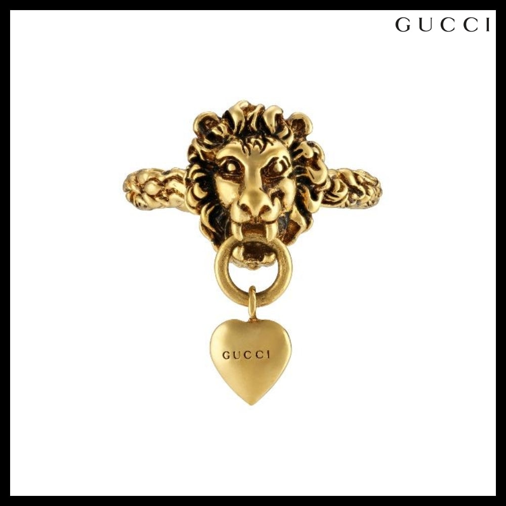 【GUCCI】Lion Head Heart Logo Pendant Ring GOLD