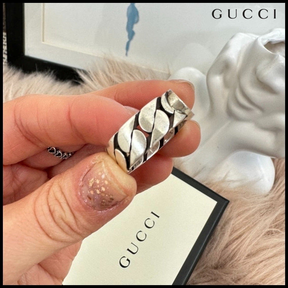 【GUCCI】Interlocking Enamel Chain Ring Blue