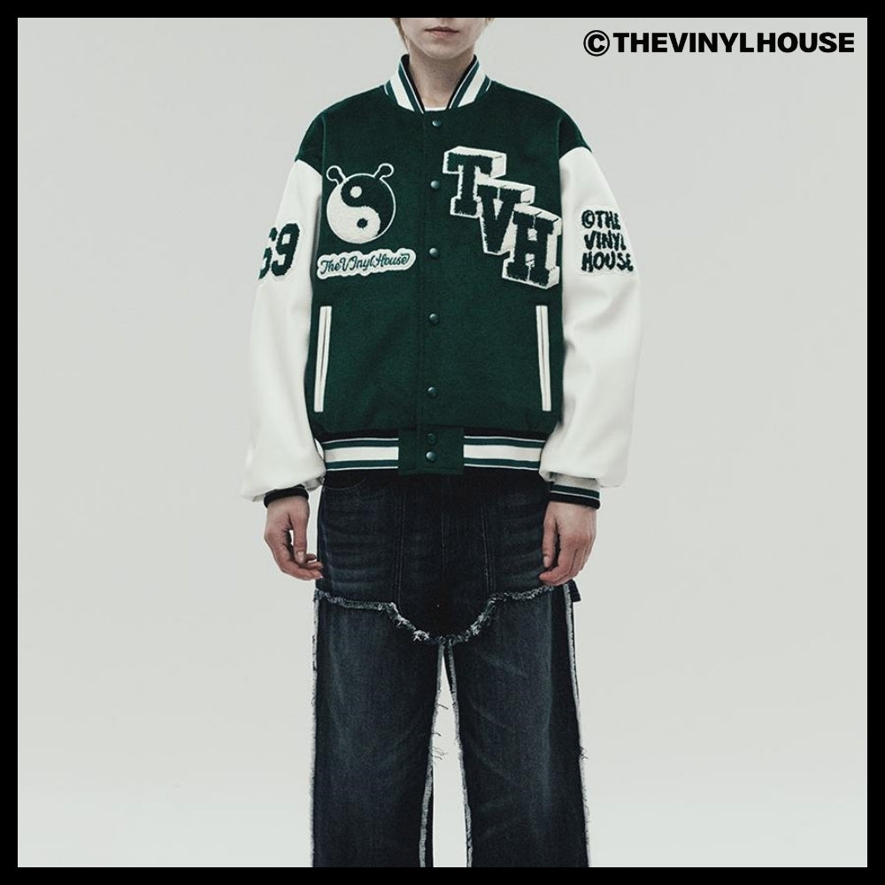 【THEVINYLHOUSE】Yin Yang Varsity Jacket Green