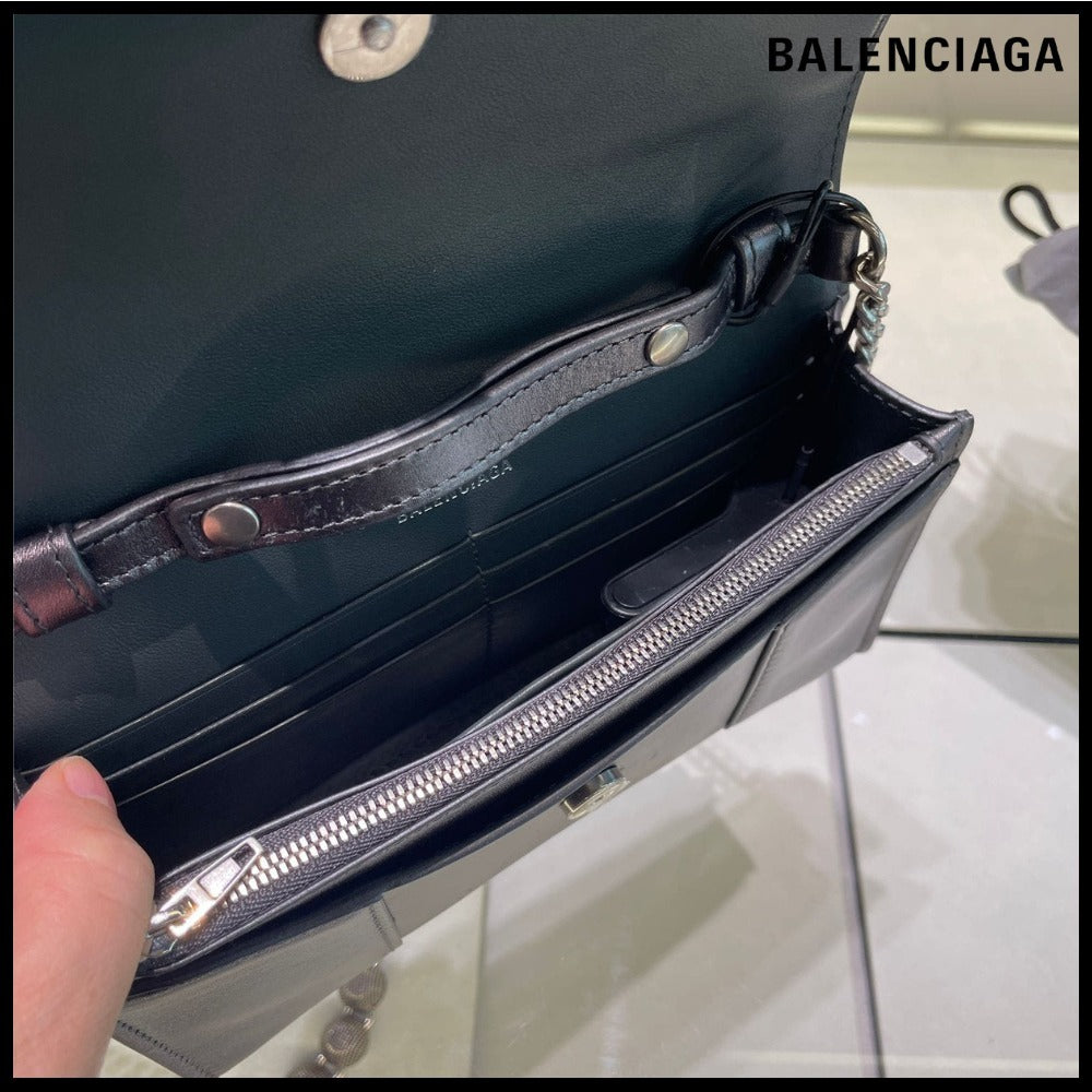 【BALENCIAGA 】Hourglass Metallic Calf Wallet Chain