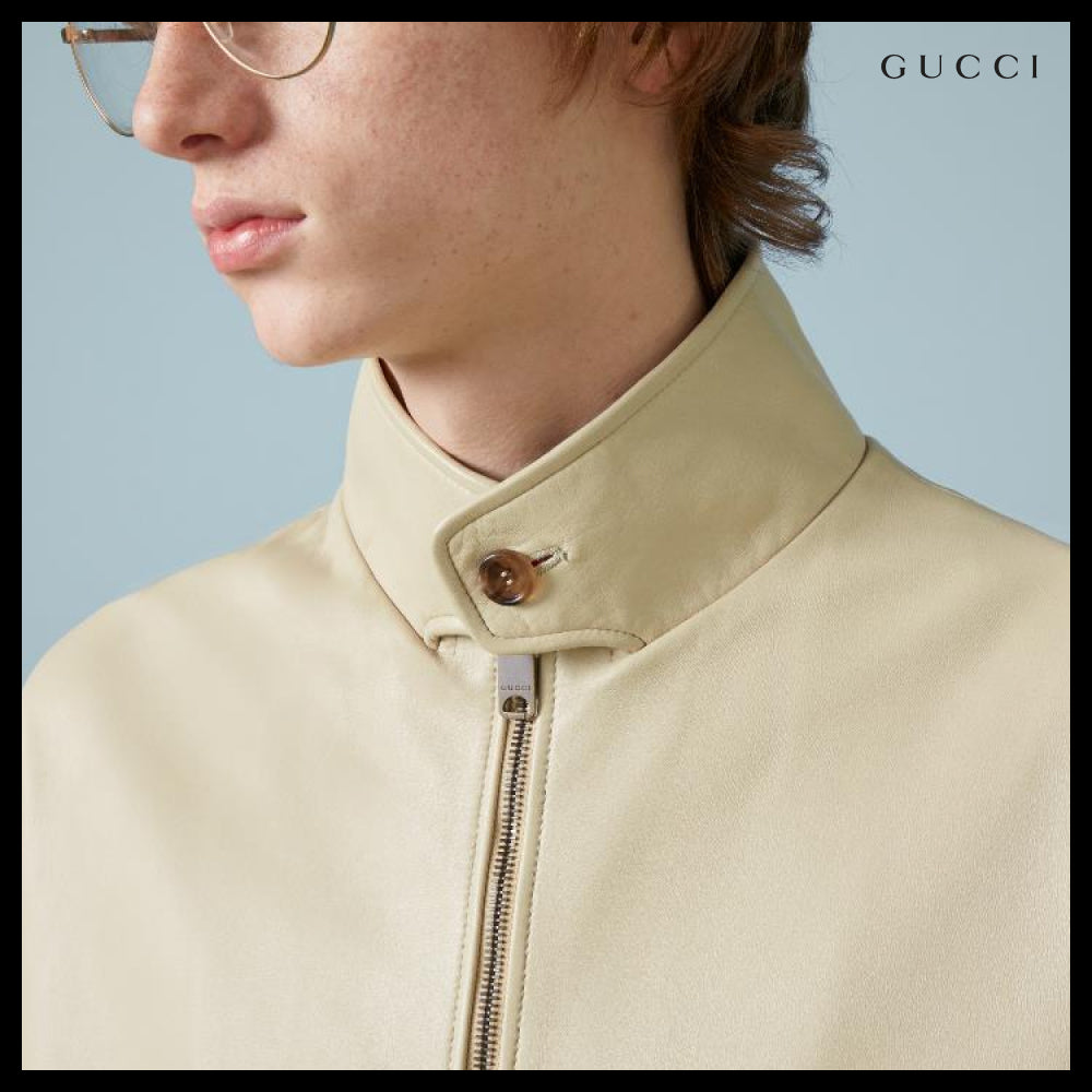 【GUCCI】Leather Bomber Jacket Beige