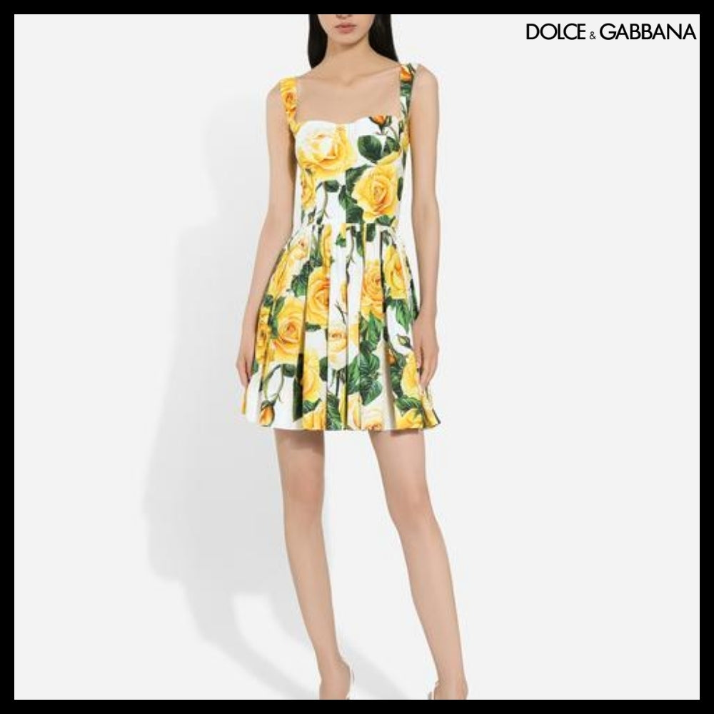 【Dolce&Gabbana】SHORT COTTON CORSET DRESS YELLOW ROSE
