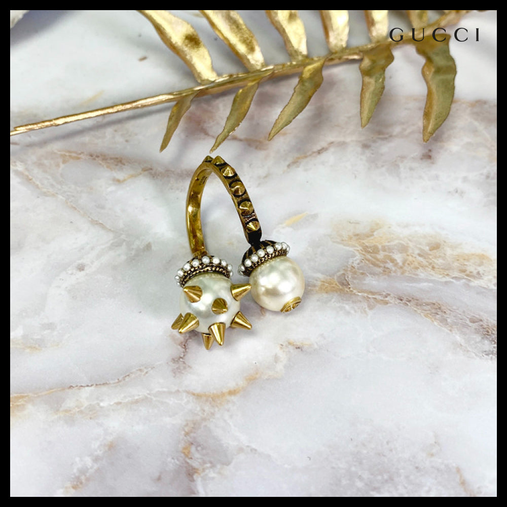 【GUCCI】Double Glass Pearl Stud Ring White Gold
