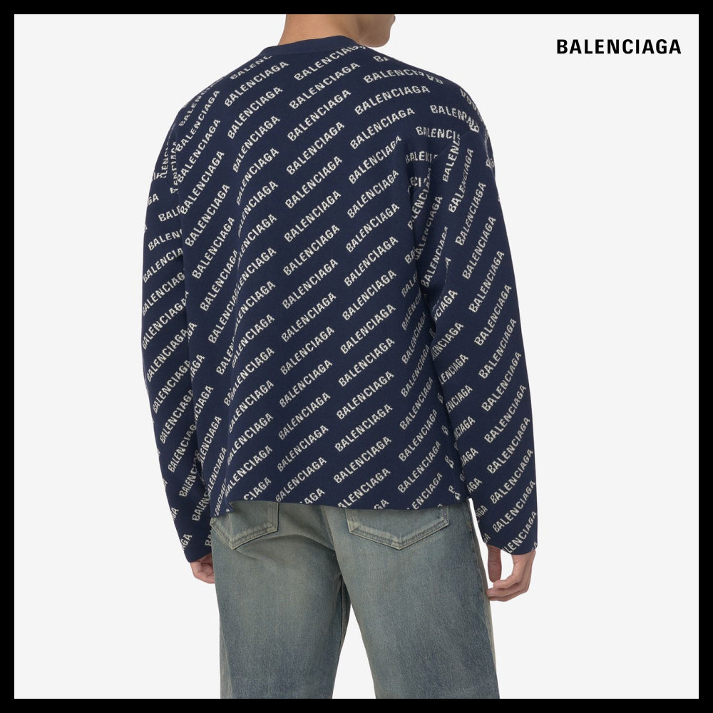 【BALENCIAGA】All-Over Logo Cotton Cardigan Blue