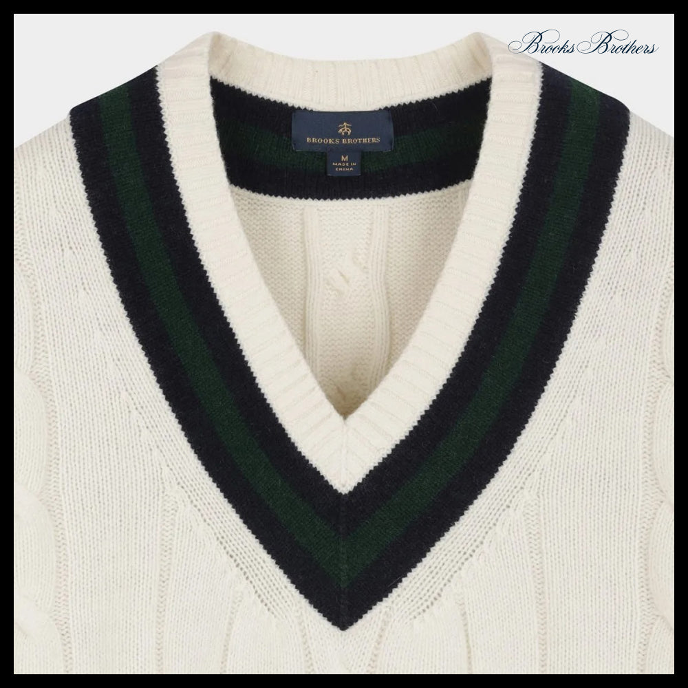 【Brooks Brothers】Wool Tennis Cable V-Neck Sweater Ivory
