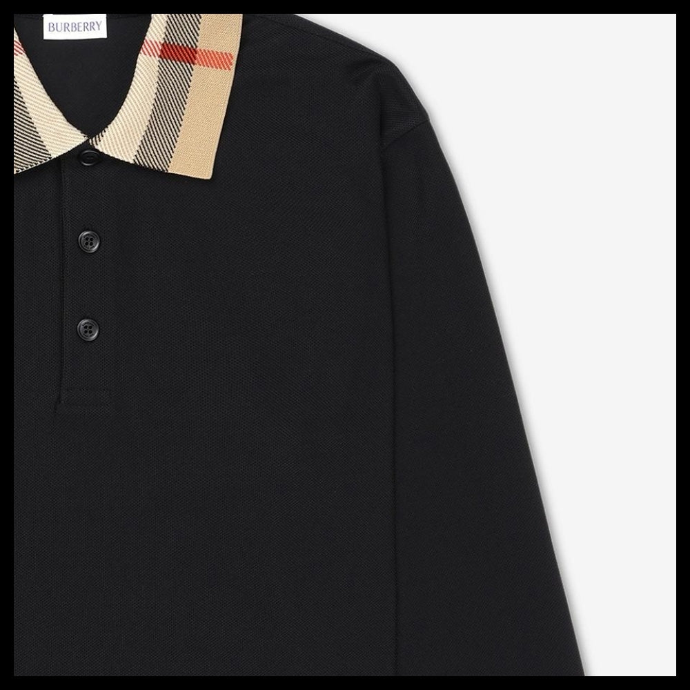 【Burberry】Check Collar Long Sleeve T Shirt Black