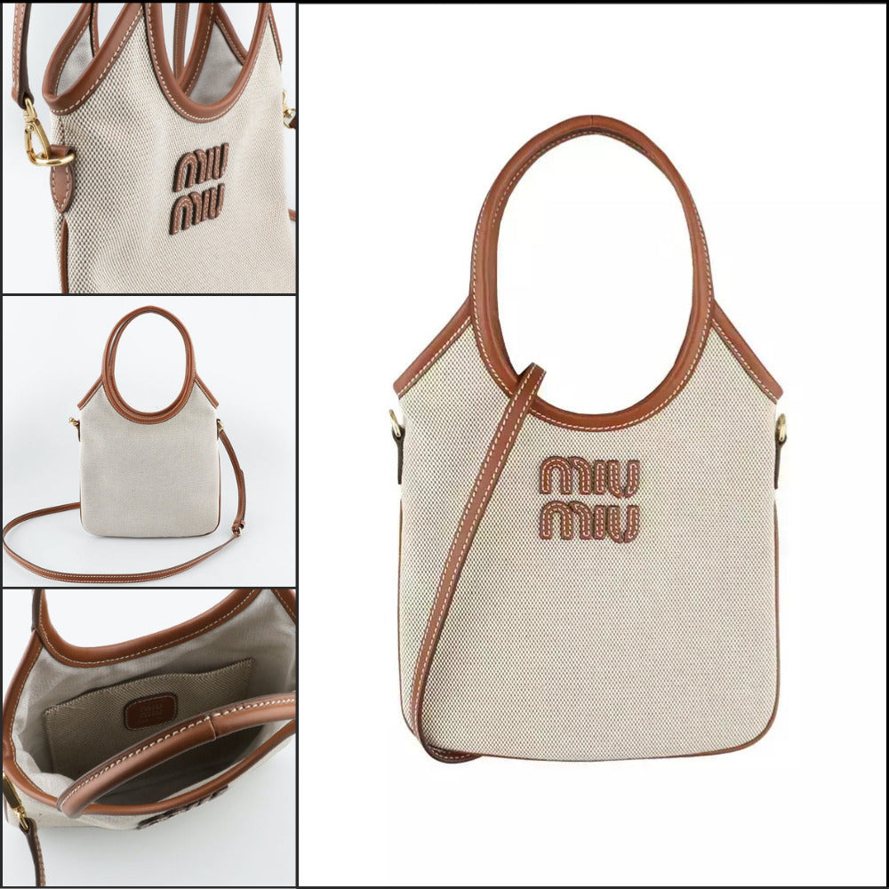 【Miu Miu】Canvas Leather Ivy Bag Beige Brandy