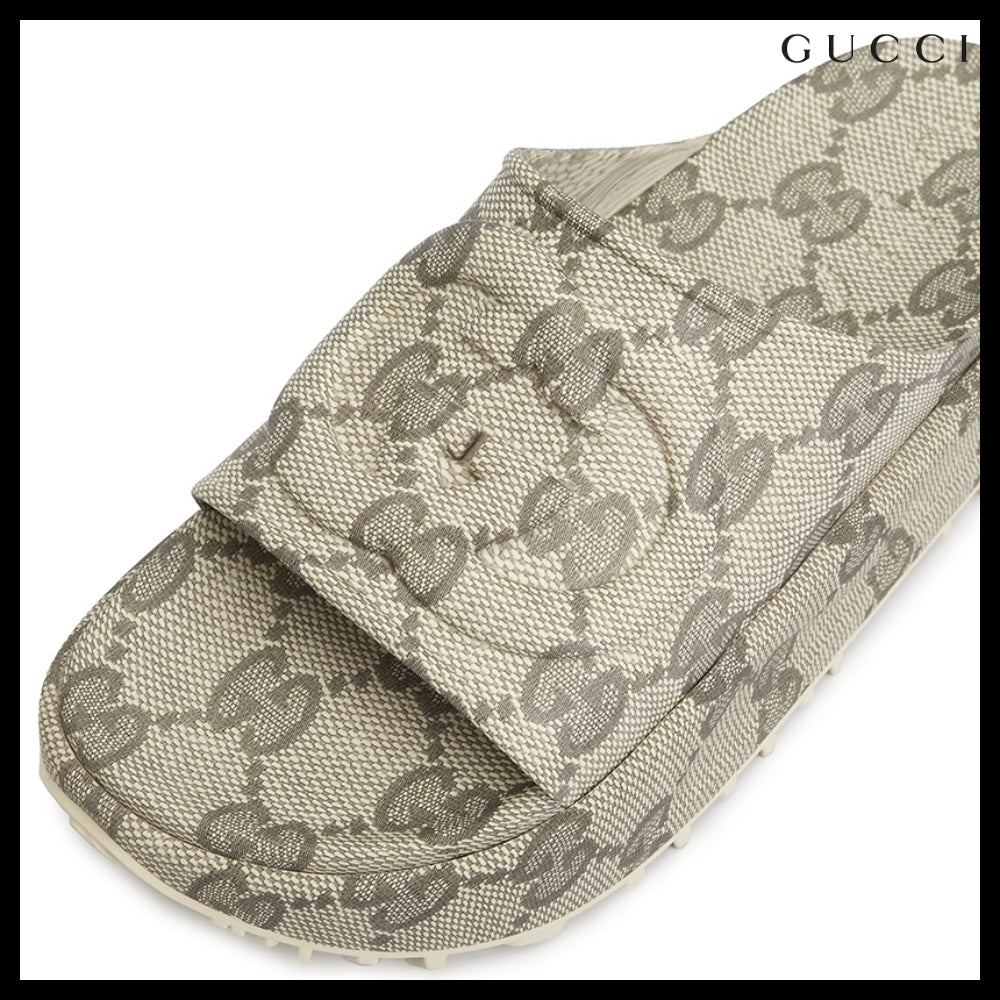 【GUCCI】Interlocking GEmbossedLogoMen'sSlippers BeigeEbony