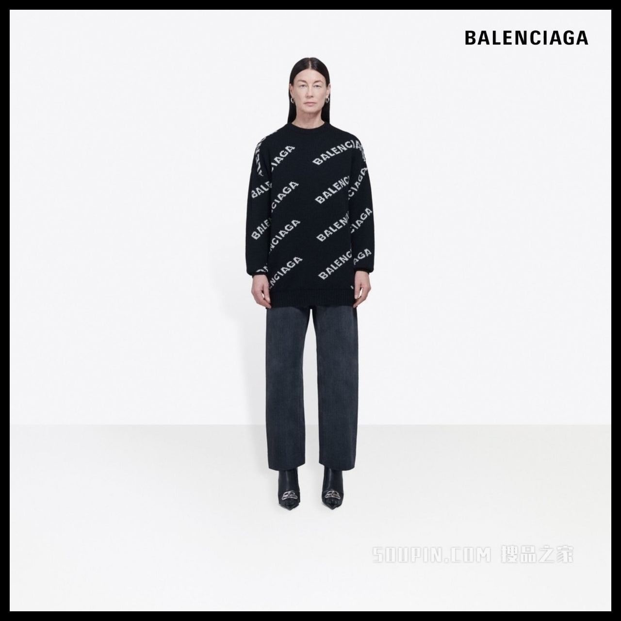 【BALENCIAGA】Jacquard Logo Crewneck Black White
