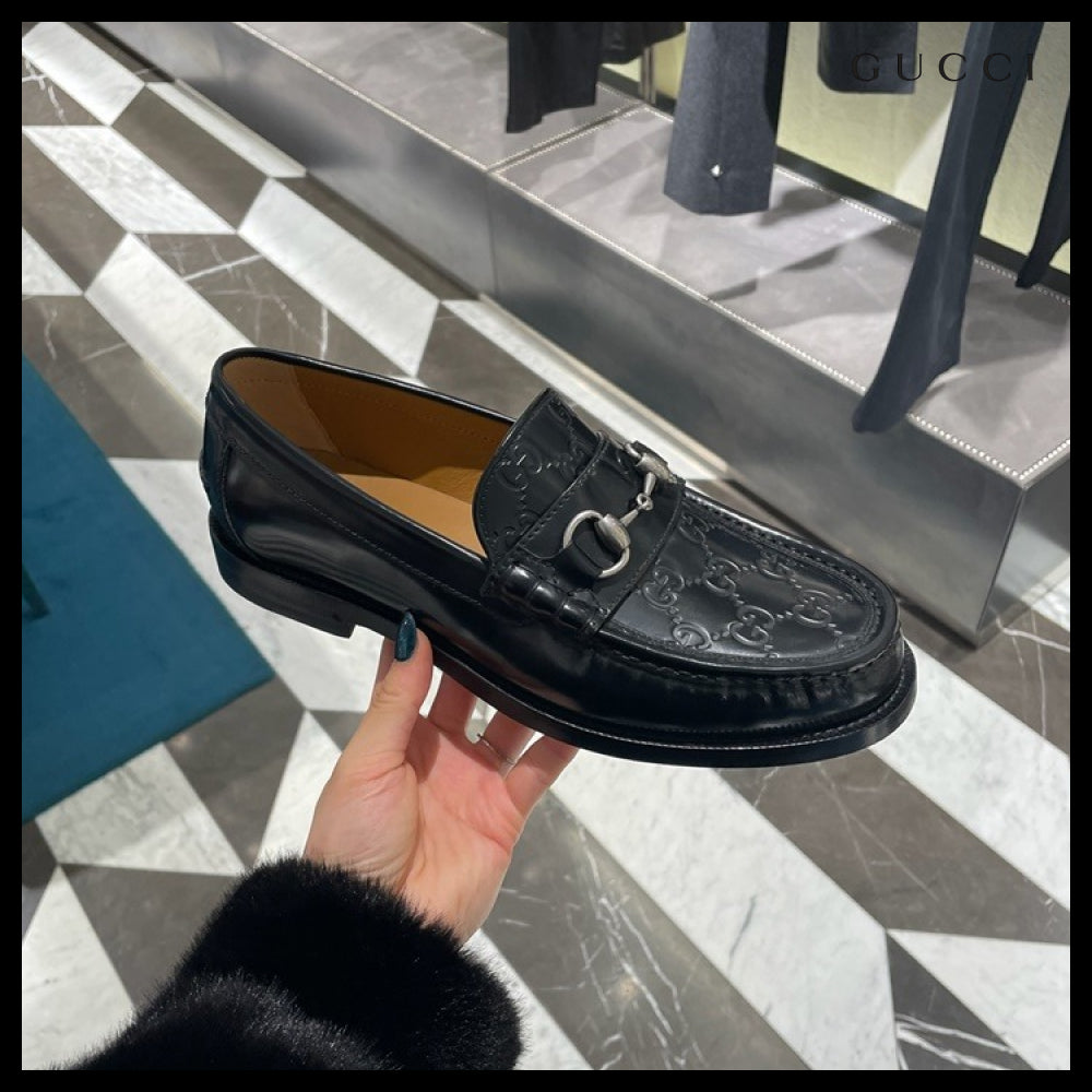 【GUCCI】KAVEH GG Logo Horsebit Leather Men’s Loafers Black