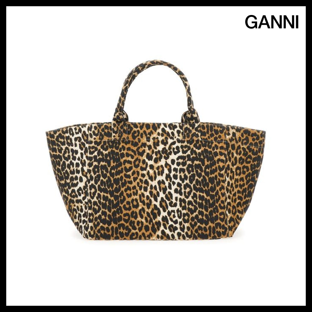【Ganni】ロゴ刺繍レオパードプリントラージトートバッグ