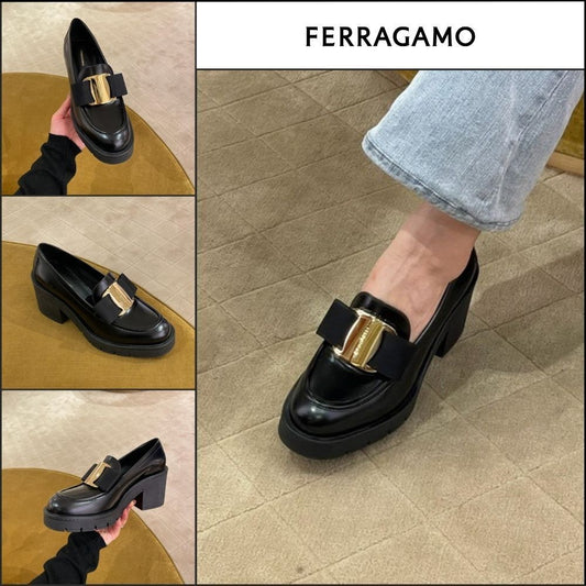 【Salvatore Ferragamo】BENILDE Vara Bow Leather Loafer Heels