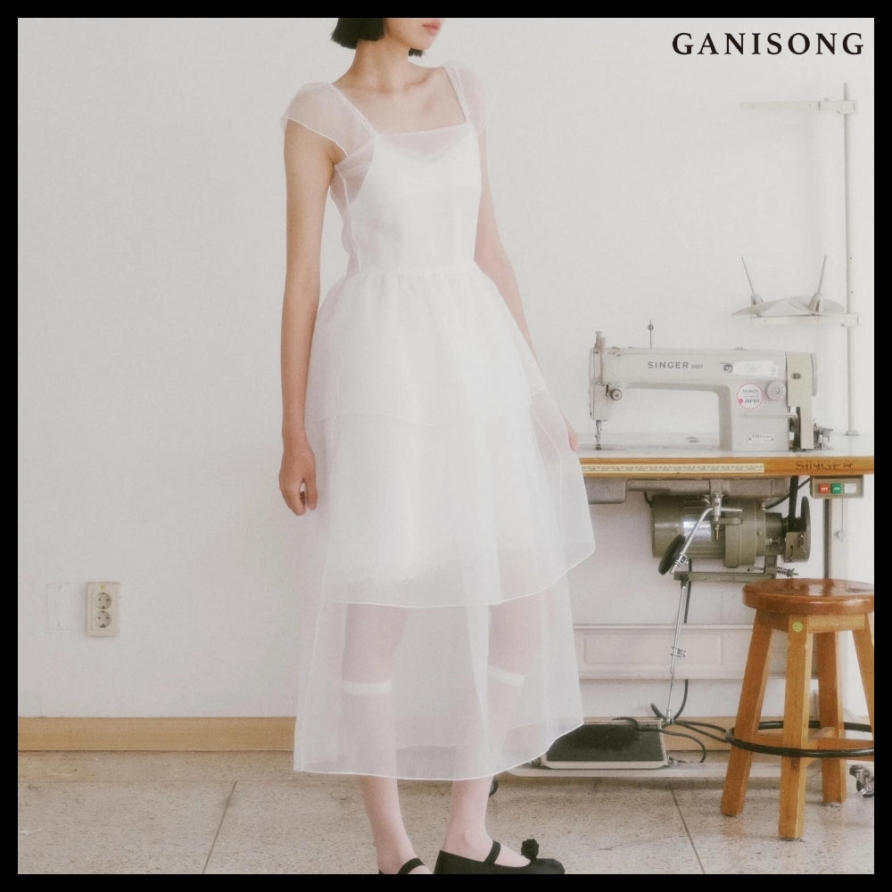 【GANISONG】Bridal Peony Tiered Dress White