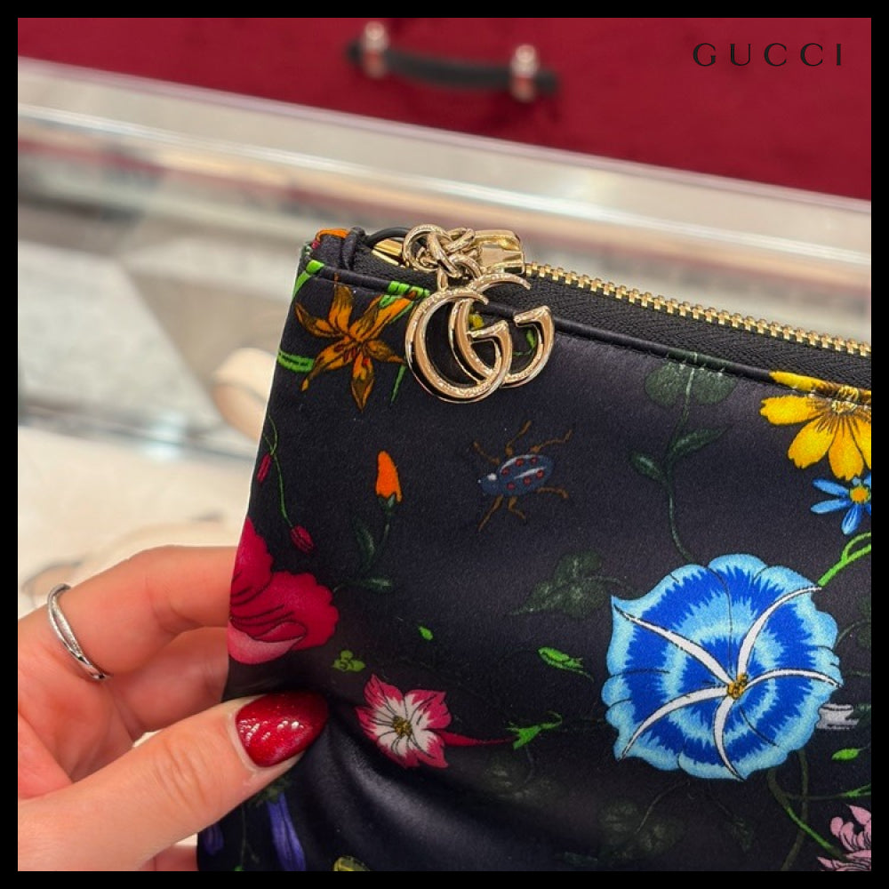 【GUCCI】GG Marmont Flora Print Small Pouch Black Multi