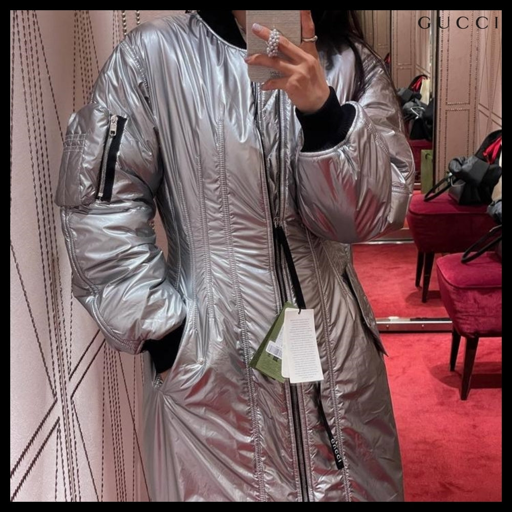 【GUCCI】Web Stripe Metallic Nylon Zip-Up Jacket Silver