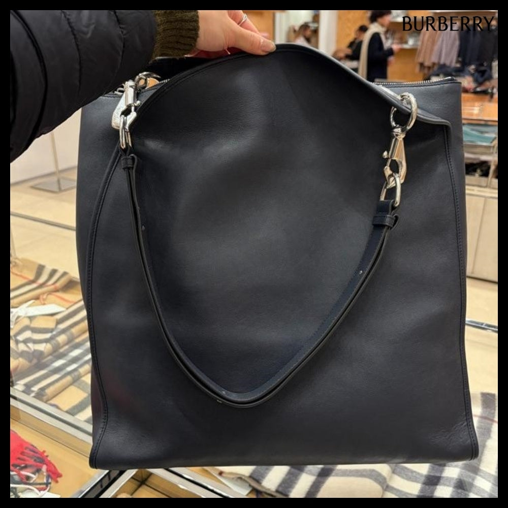【Burberry】Shield Twin Logo Leather Tote Bag Indigo