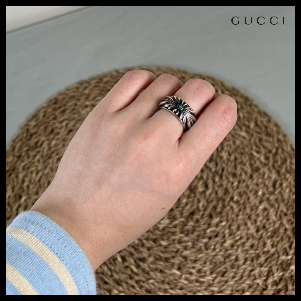 【GUCCI】Interlocking G Engraved Flower Sterling Ring Silver