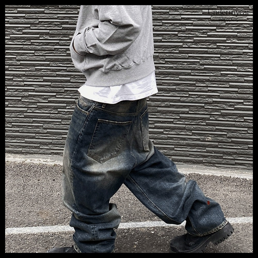 【Undermycar】ANTI FXXKING LOGO PLAY BRUSH WASHED WIDE JEANS