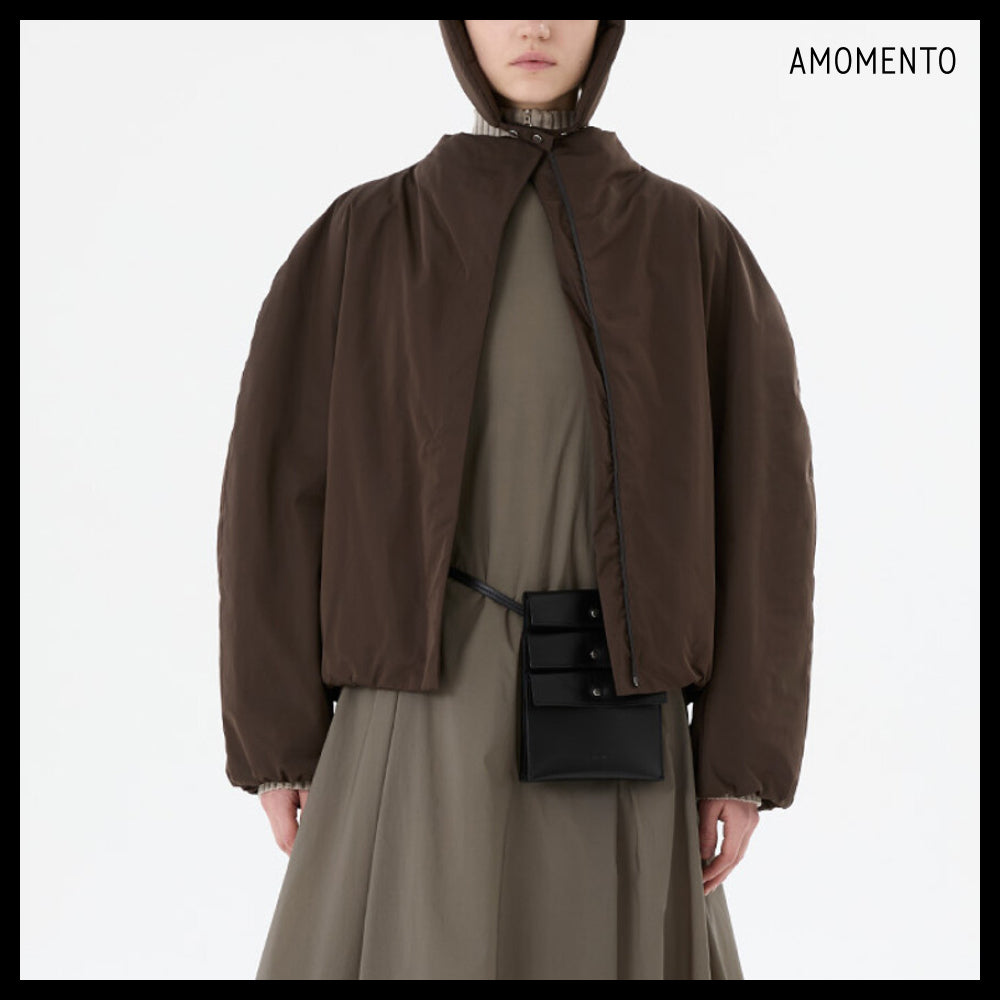 【AMOMENTO】Taffeta Padded Raglan Short Jumper Brown