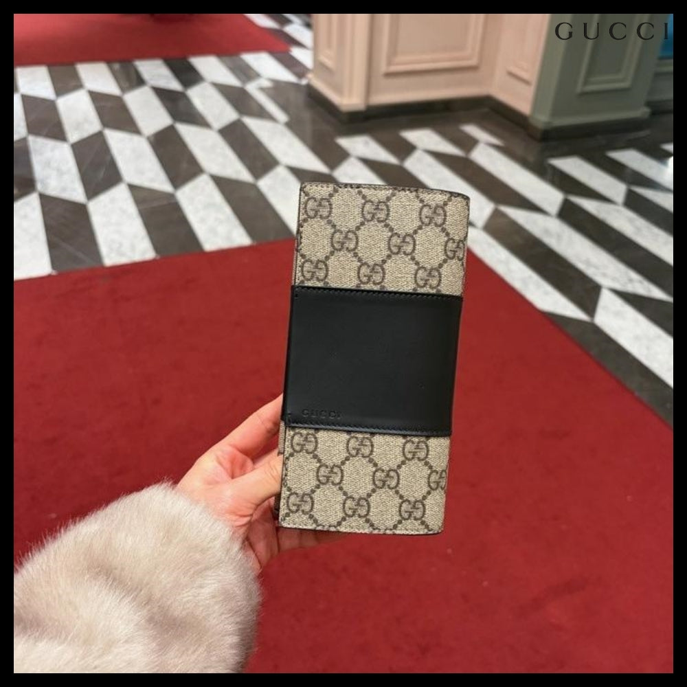【GUCCI】Supreme Canvas Leather Flap Long Wallet BEIGE BLACK