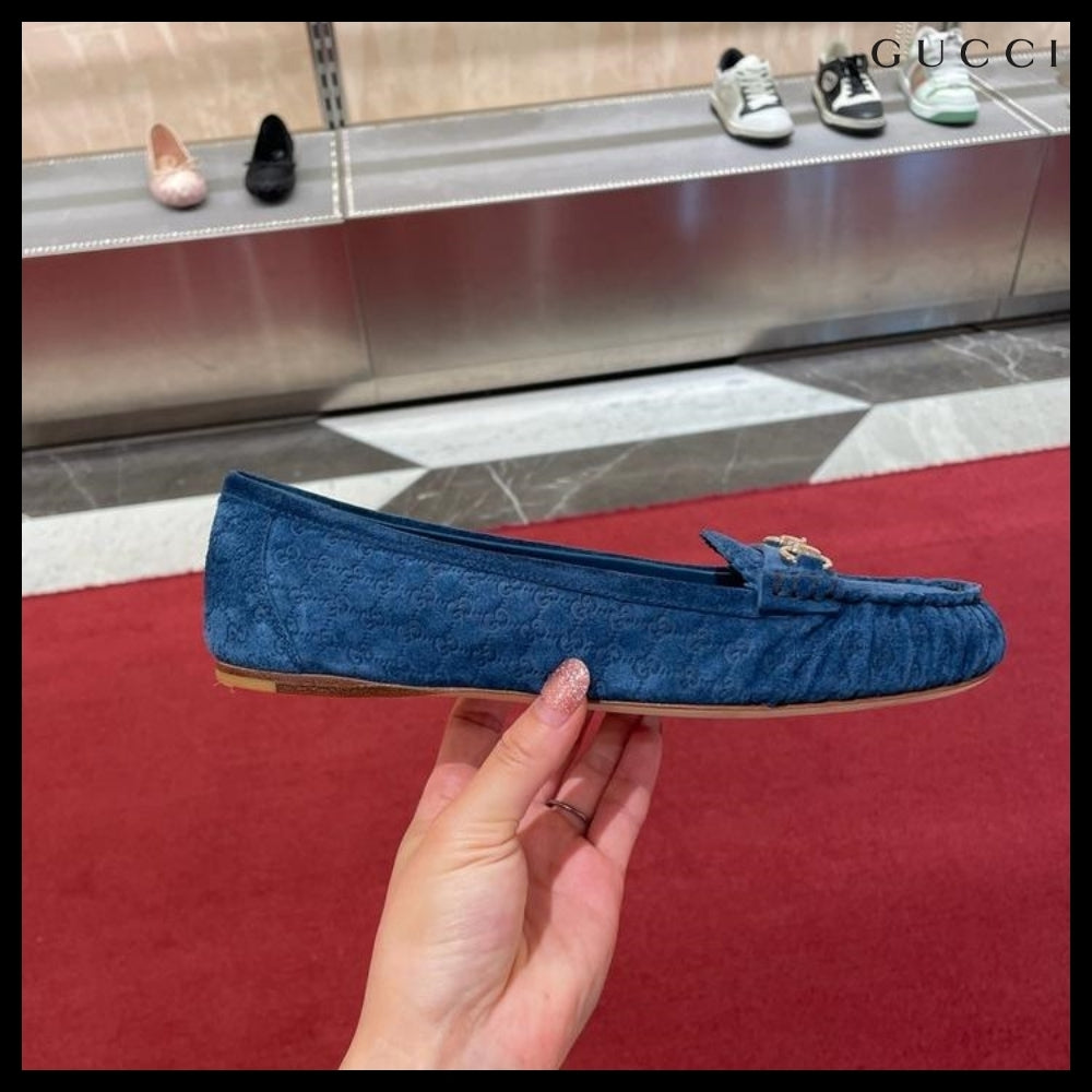 【GUCCI】Kensington GG Horsebit Suede Ballerina Flats Blue