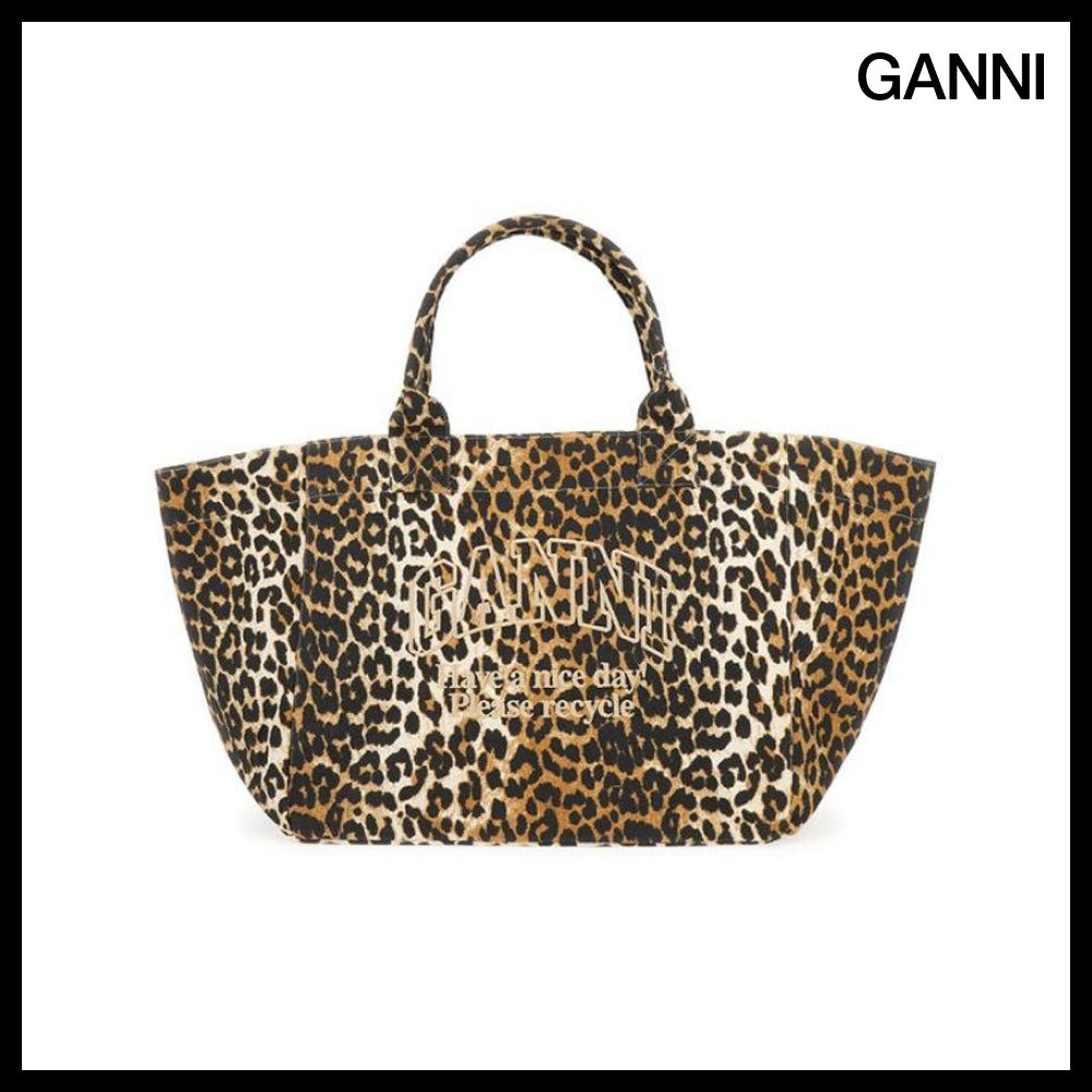 【Ganni】ロゴ刺繍レオパードプリントラージトートバッグ