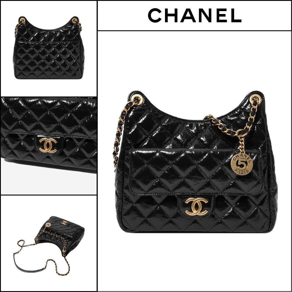【CHANEL】Hobo Handbag Shiny Crumpled Calfskin & Gold Black