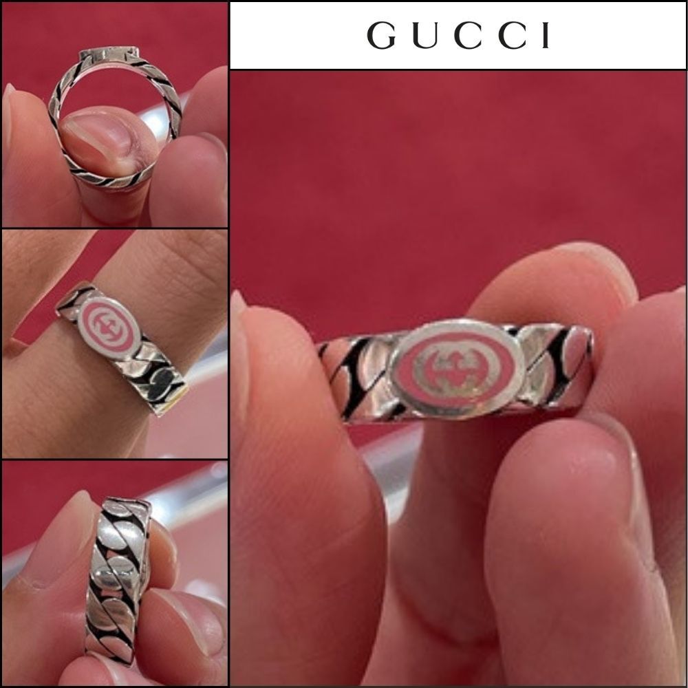 【GUCCI】Enamel Mini Interlocking Chain Ring Silver