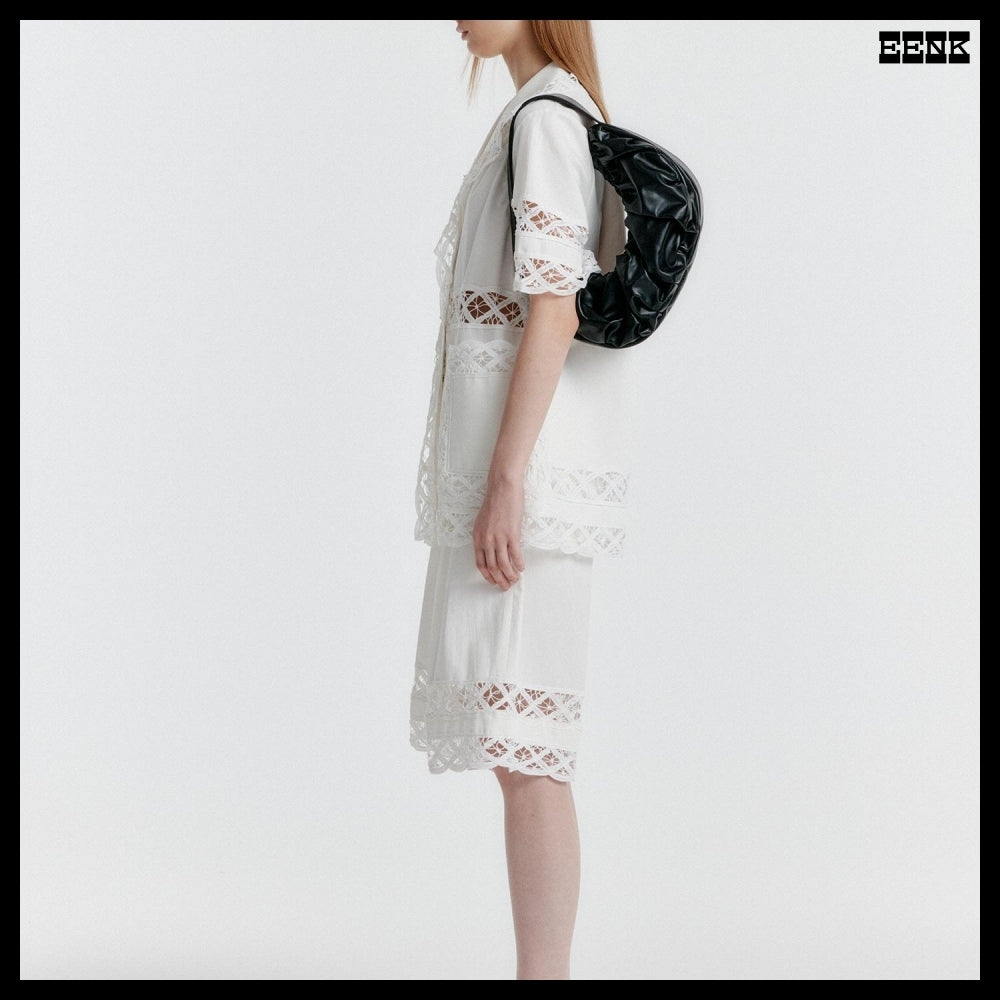 【EENK】YOMITA Short Sleeve Lace-trim Shirt White