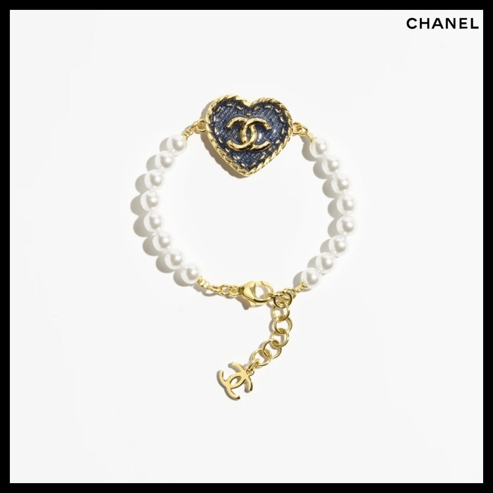 【CHANEL】Bracelet Metal Glass Pearl Gold Blue Pearly White