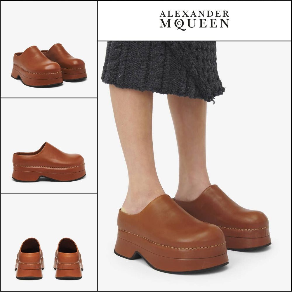 【Alexander Mcqueen】Brown Calf Leather Stone Clog
