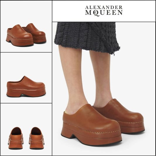 【Alexander Mcqueen】Brown Calf Leather Stone Clog
