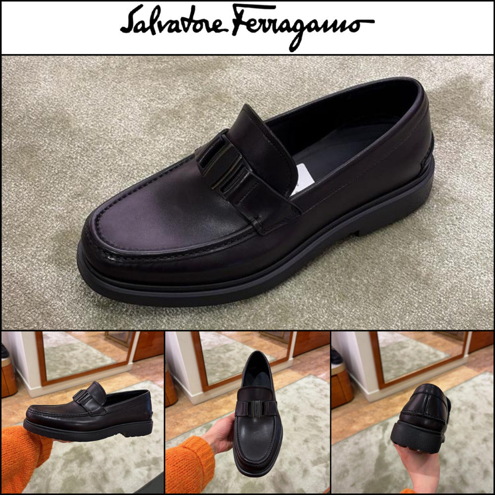 【FERRAGAMO】PLANO BUCKLE LEATHER LOAFERS BLACK