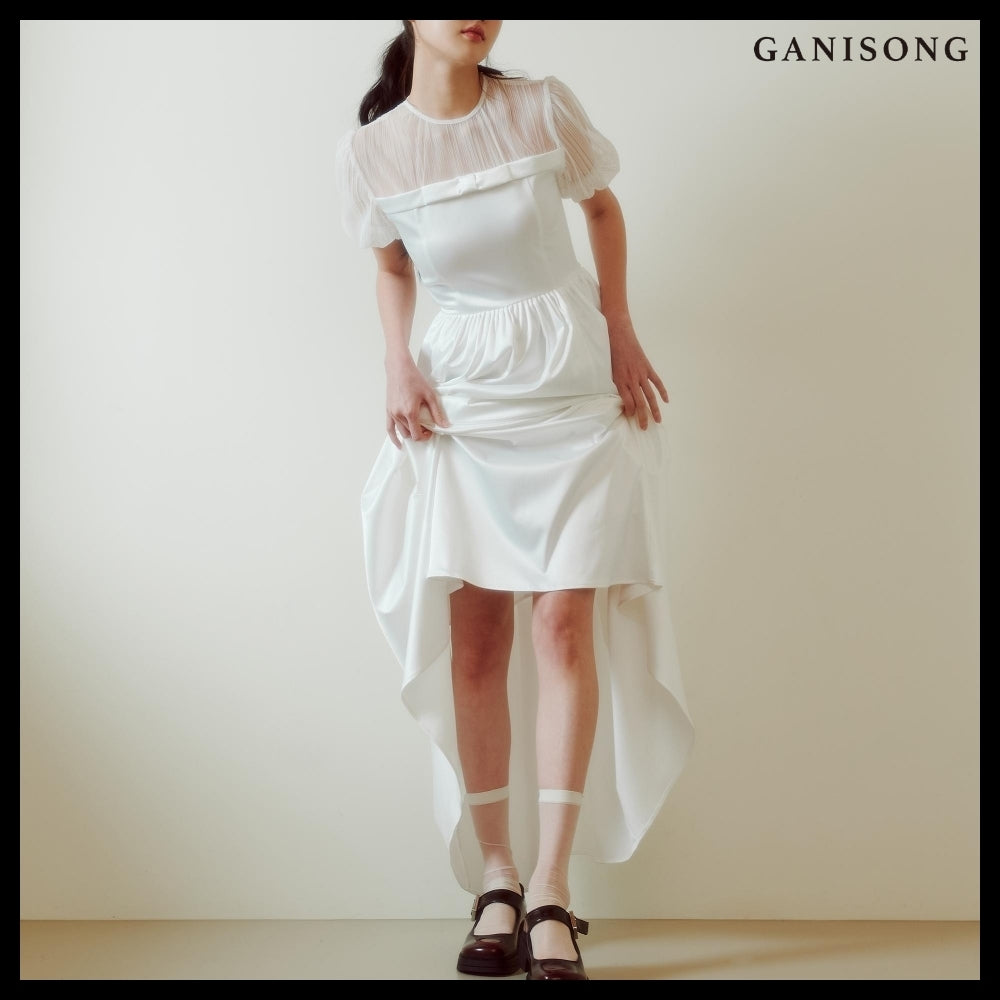 【GANISONG】Bridal Sheer Ribbon Line Dress White