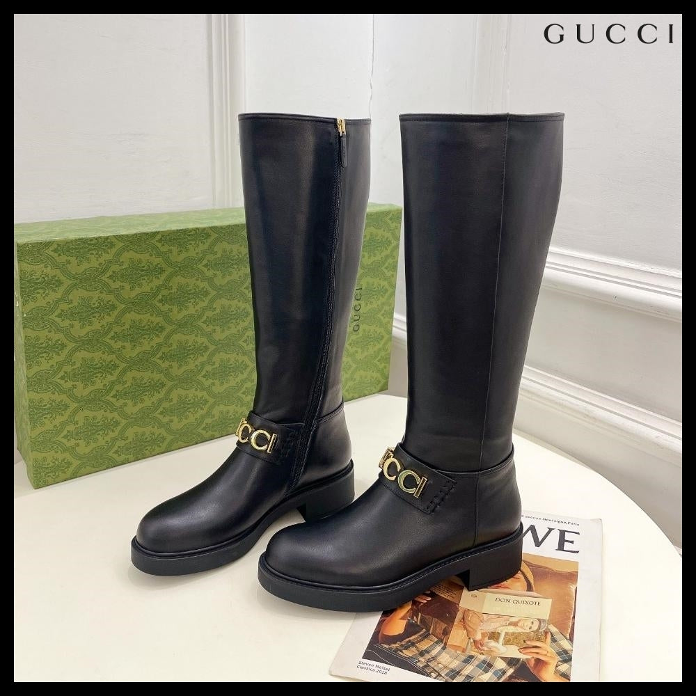【GUCCI】Metal Logo Leather Zip Women's Long Boots Black