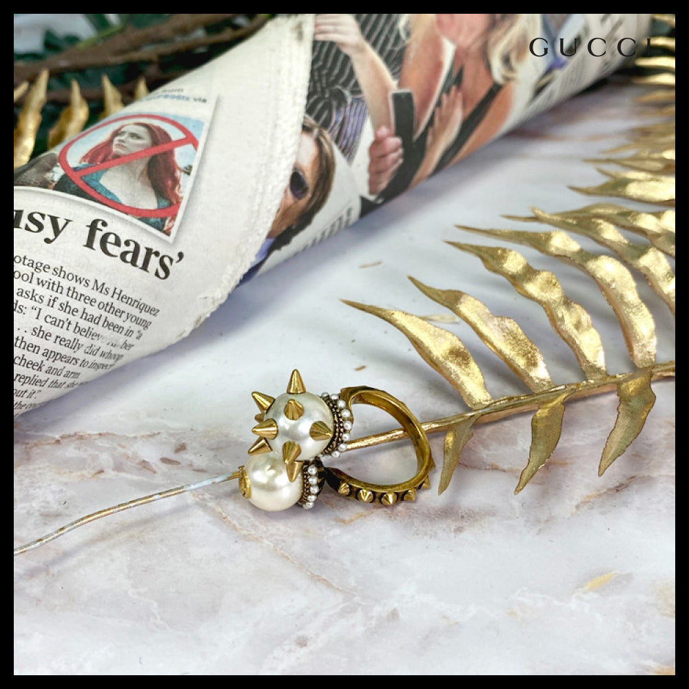 【GUCCI】Double Glass Pearl Stud Ring White Gold