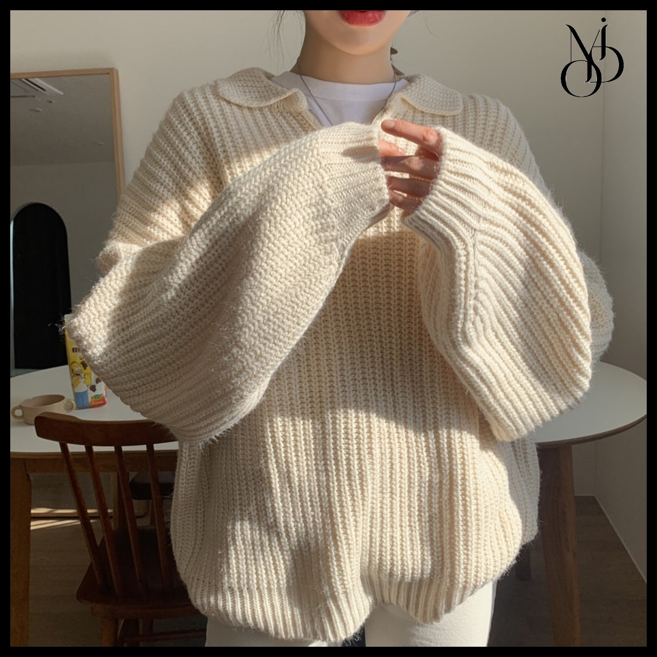 【MODIMOOD】Puff Sleeve Loose Fit Half Zip-Up Collar Knit