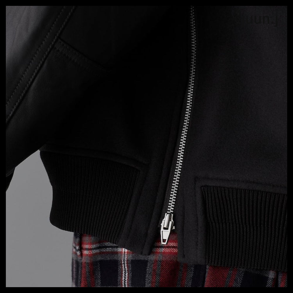 【JUUN.J】Leather Sleeve Varsity Jumper Gray