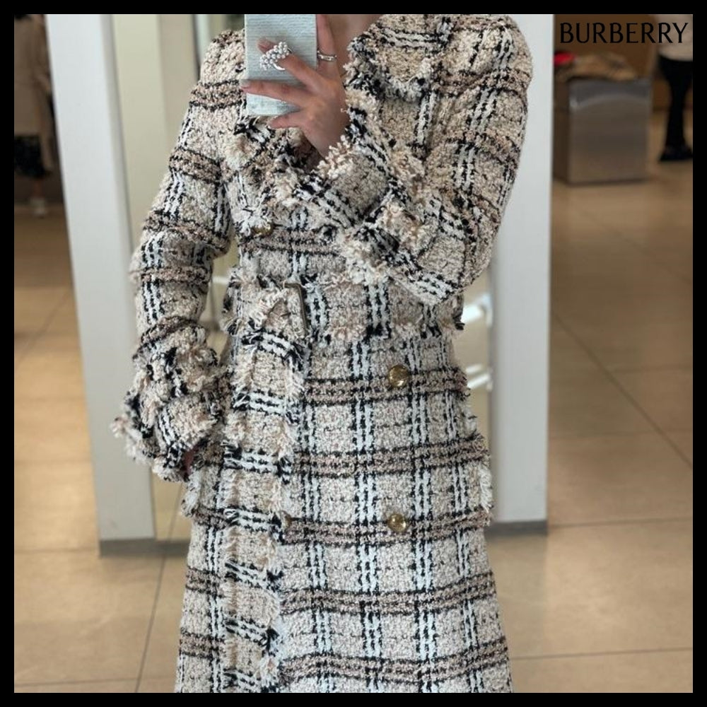 【Burberry】Check Boucle Belted Long Coat String Fossil