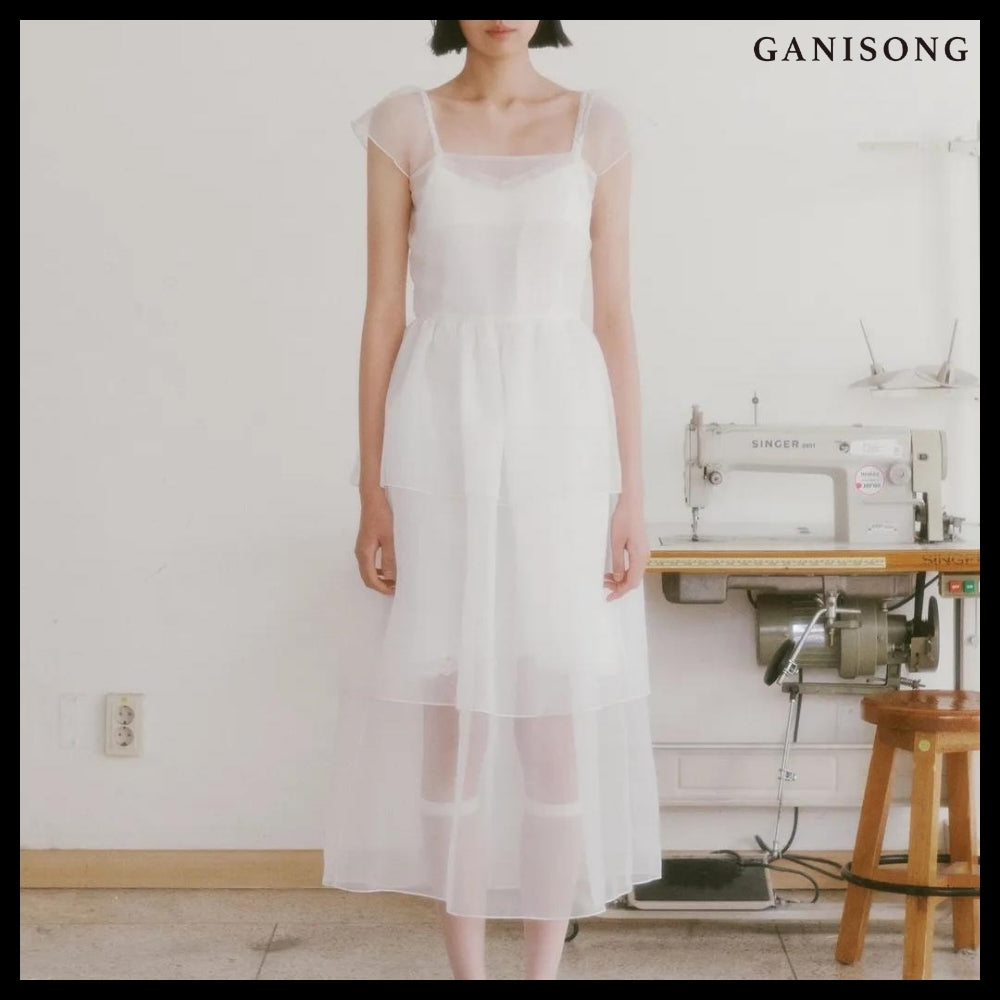 【GANISONG】Bridal Peony Tiered Dress White