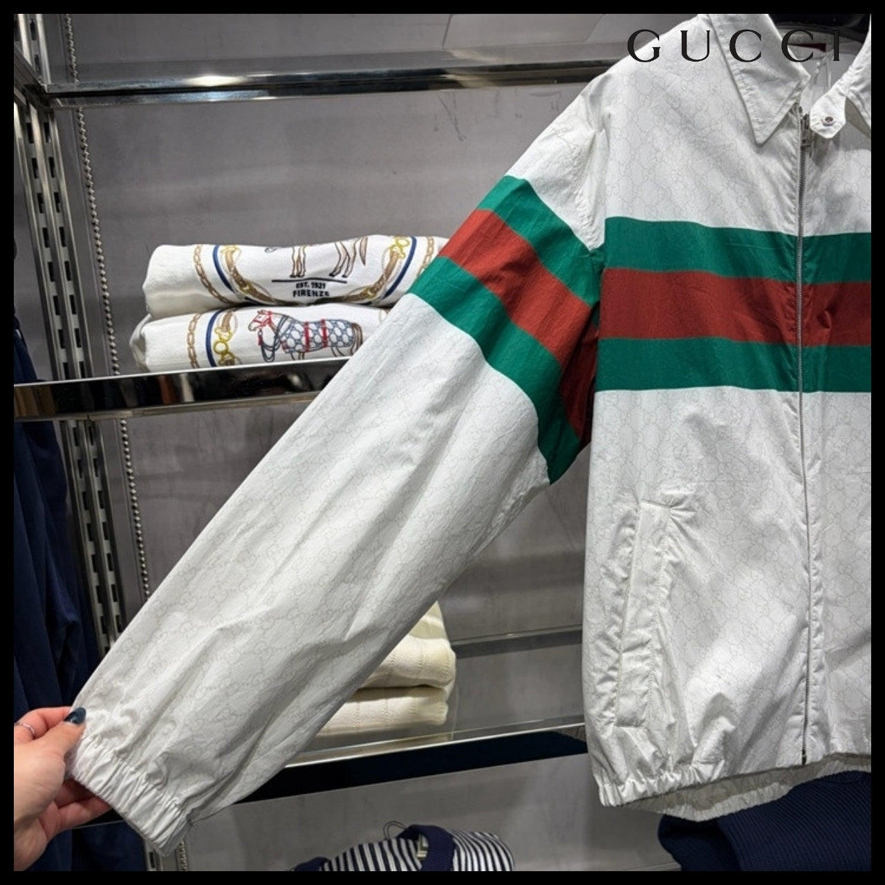 【GUCCI】1921 GG Print Web Cotton Blouson Jacket White Green