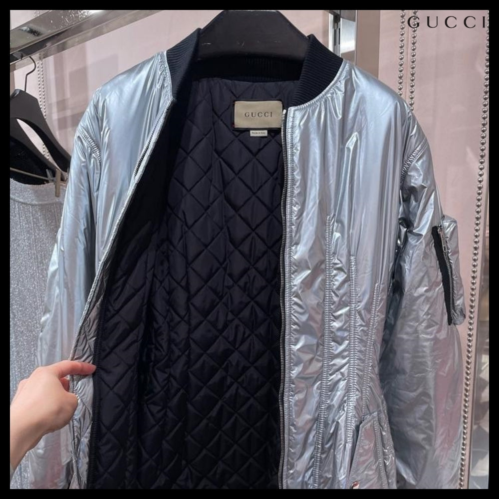 【GUCCI】Web Stripe Metallic Nylon Zip-Up Jacket Silver