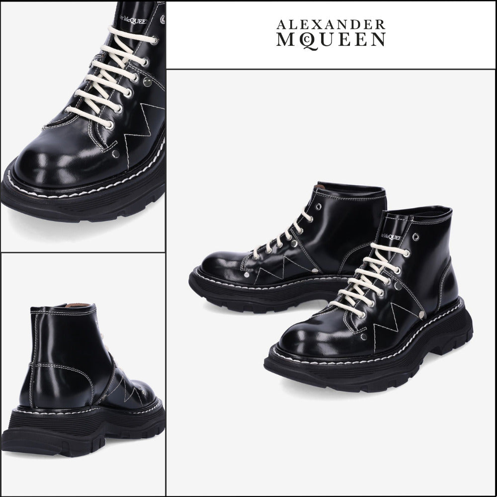 【Alexander Mcqueen】Tread Lace-Up Boots Black Silver