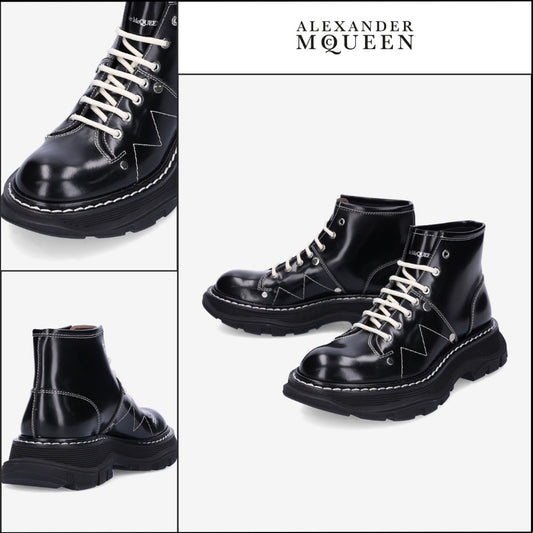 【Alexander Mcqueen】Tread Lace-Up Boots Black Silver