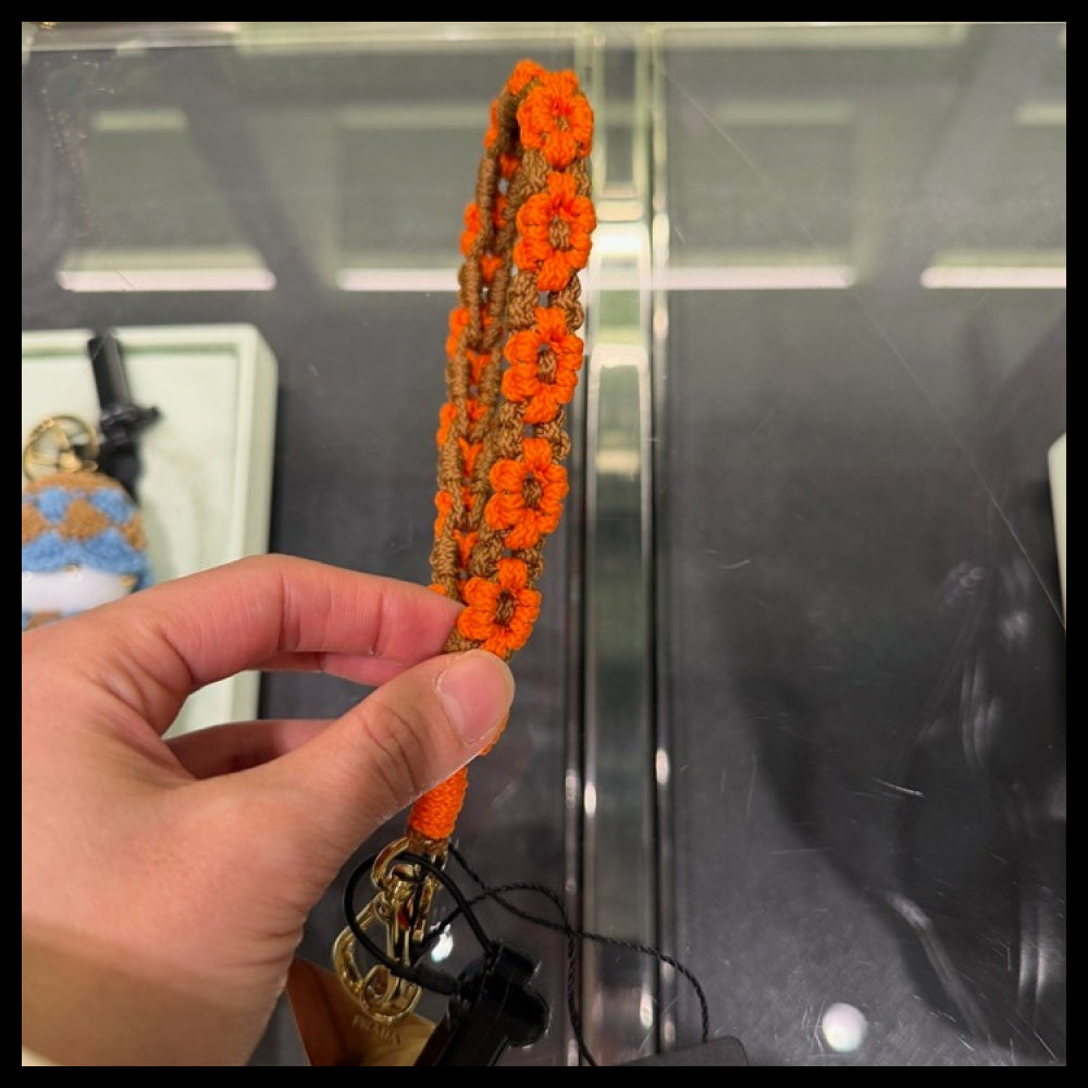 【Prada】Triangle Logo Crochet Flower Strap Keyring Orange