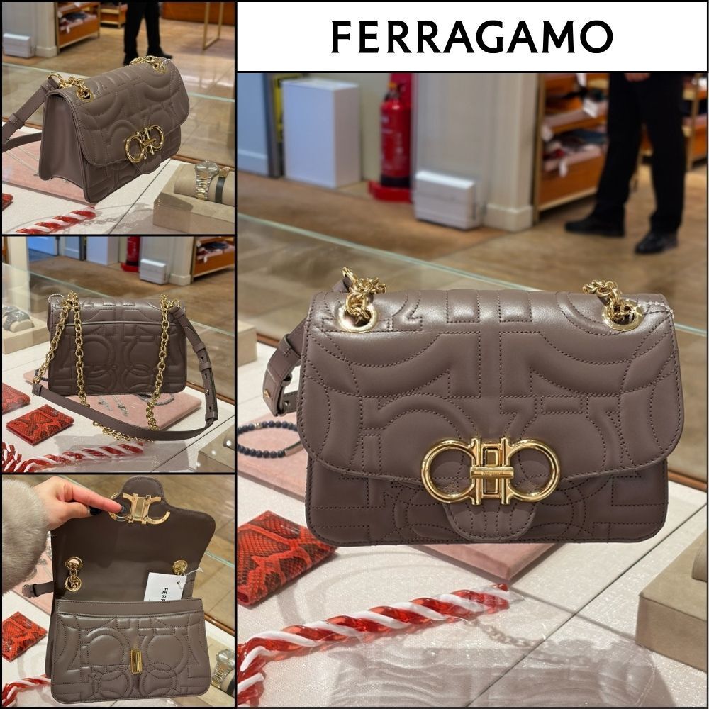【FERRAGAMO】QUILTED CALF LEATHER CHAIN FLAP SHOULDER BAG