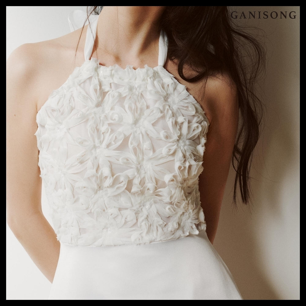 【GANISONG】Bridal Fluffy Rose Halterneck Dress White