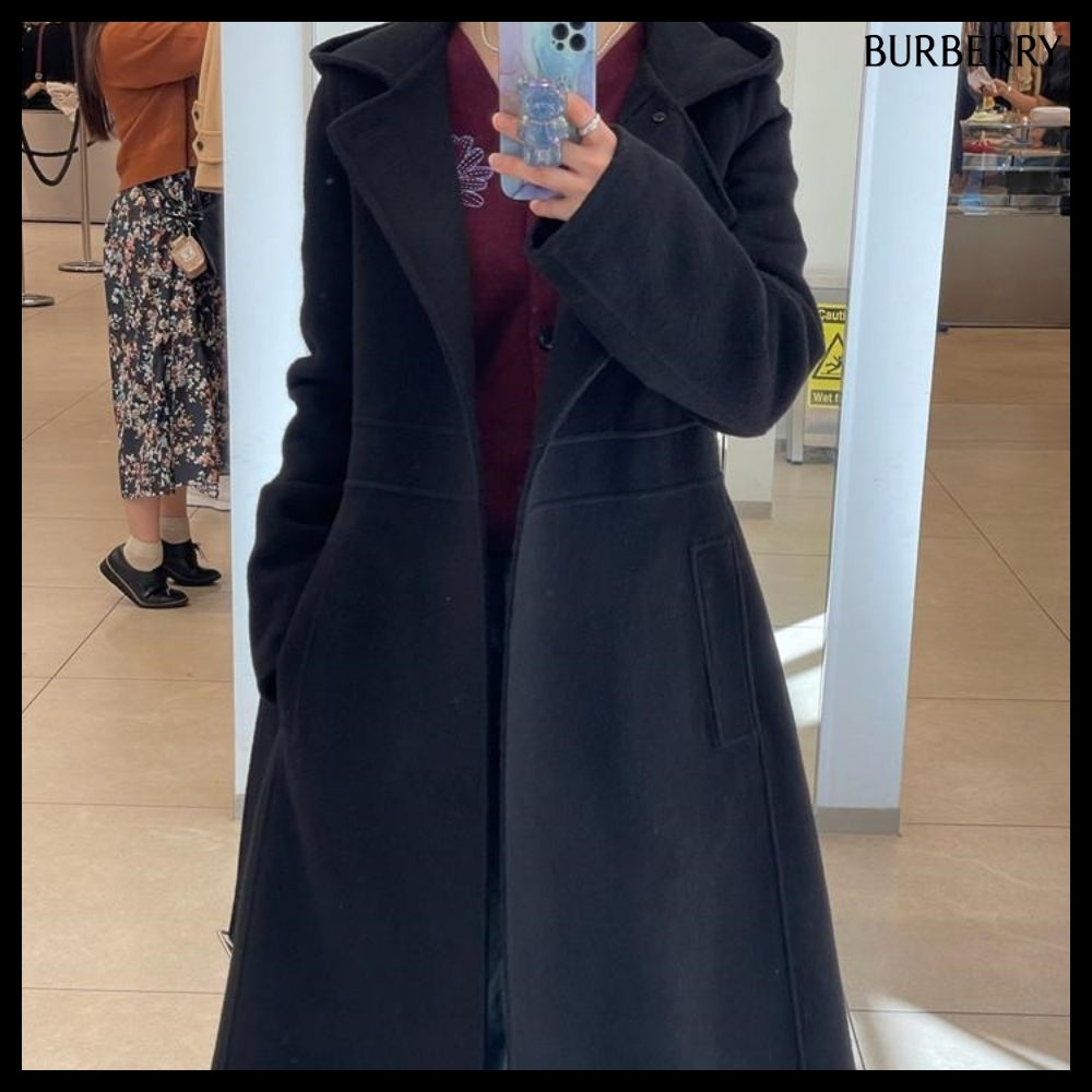 【Burberry】Women's Belted Wool Cashmere Hooded Coat Black