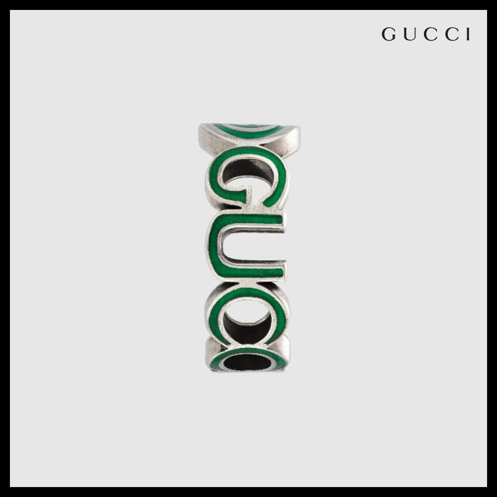 【GUCCI】Interlocking Enamel Silver Ring Green